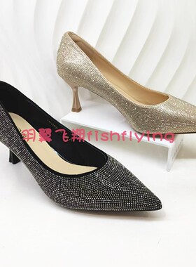 KS250502卡迪娜专柜正品2025春季新尖头细高跟黑金满钻时装女单鞋