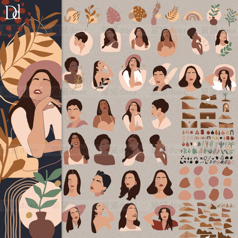 EPS现代抽象手绘时尚女性植物色块几何图案AI矢量PNG设计素材SVG