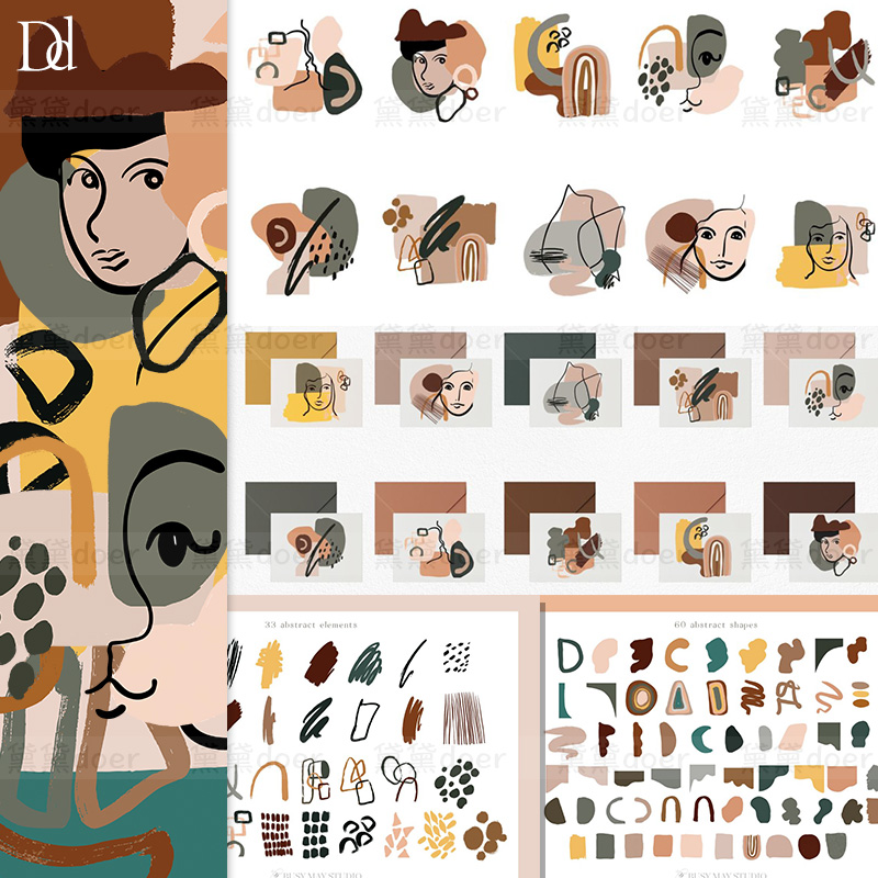 手绘现代抽象艺术人物线条肖像几何图形AI矢量EPS设计PNG素材SVG