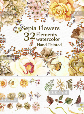 PS手绘水彩金黄色秋天牡丹花会PNG免扣图片贺卡婚礼设计装饰素材