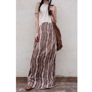 原创设计棉麻拼接无袖挖肩针织流苏毛边长款旅游风海边度假连衣裙