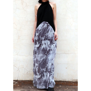 原创设计拼接水墨画无袖挖肩扎染高级气质通勤简约长款夏连衣裙