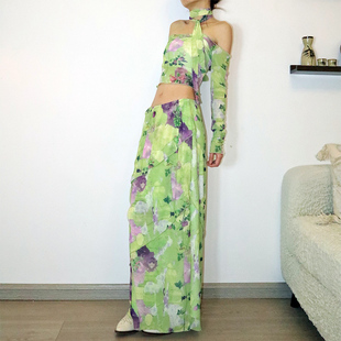 灵竹原创自制女夏天个性绿印花修身绝美复古短款上衣半身长裙套装