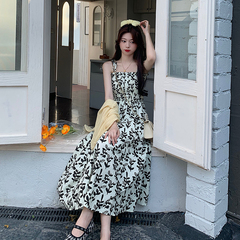 Real price ~ fresh square neck bubble sleeve medium length loose and thin leaf print dress for women