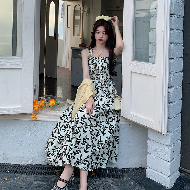 Real price ~ fresh square neck bubble sleeve medium length loose and thin leaf print dress for women