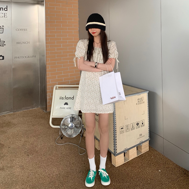 Real price ~ 2021 spring casual floral skirt short sleeve dress with lace up