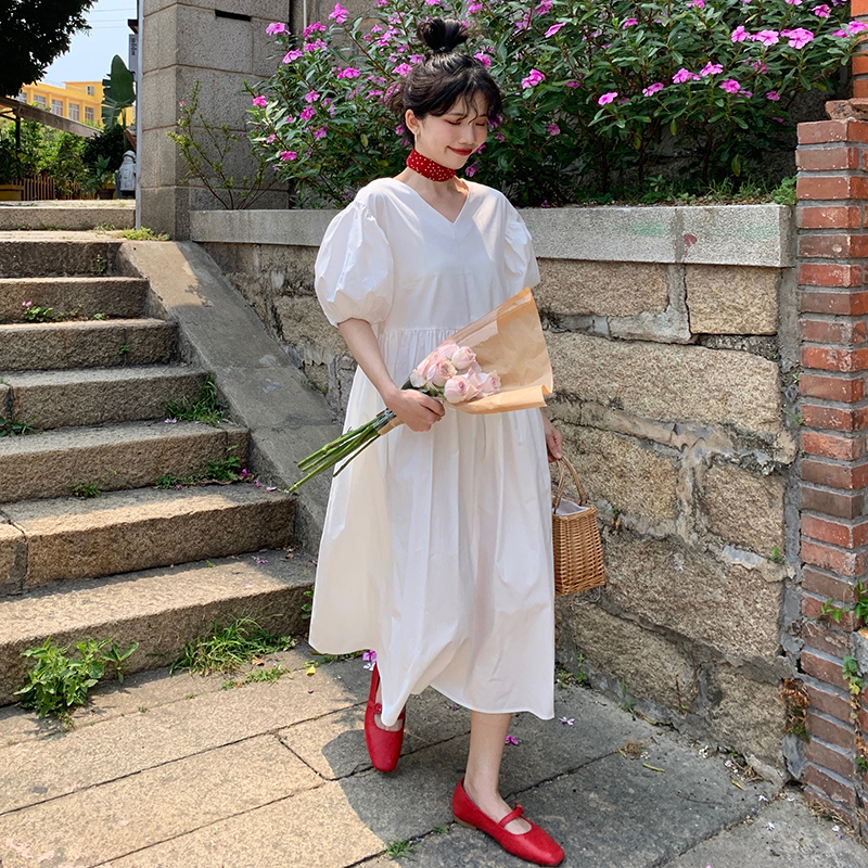 Real price ~ Korean chic cross open back mid length skirt women's loose V-neck casual dress