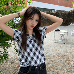 Real price ~ 2021 summer personalized diamond lattice T-shirt women's loose casual versatile short sleeve top