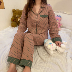 Real price ~ spring new simple household clothes women's leisure wave point loose pajamas 2-piece set