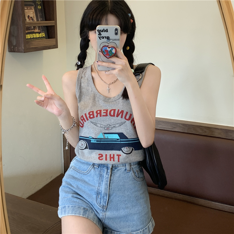 Real price: Summer 2021 chic retro funny cartoon car letter casual vest for women