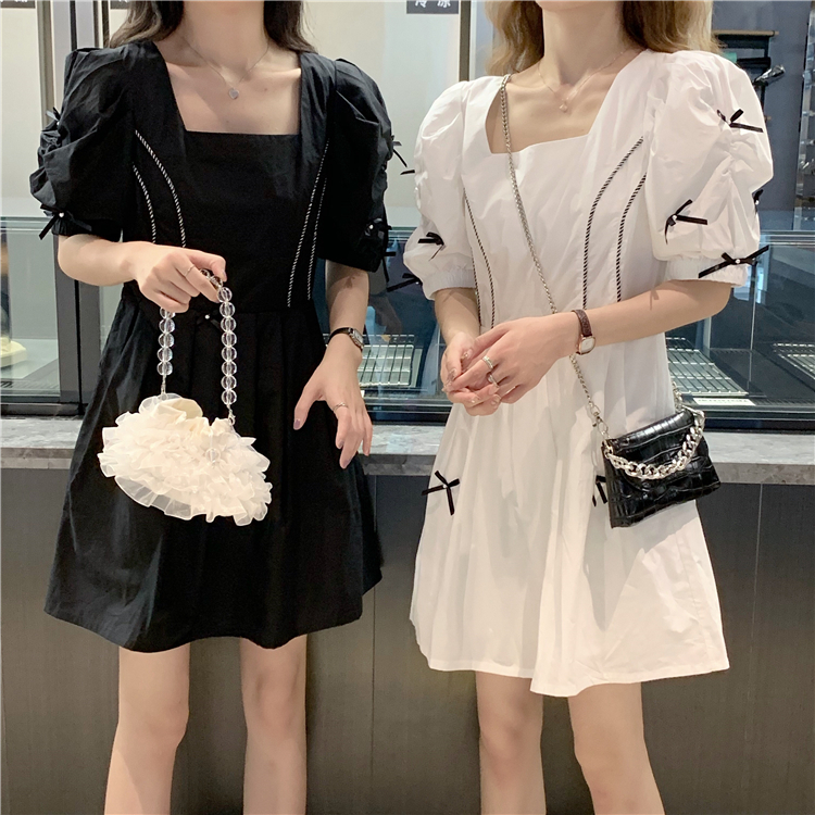 Real shot real price ~ foreign style design sense three dimensional bow temperament fashionable square collar dress