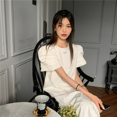 Real price ~ 2021 summer leisure mid long skirt women's loose bubble sleeve split dress