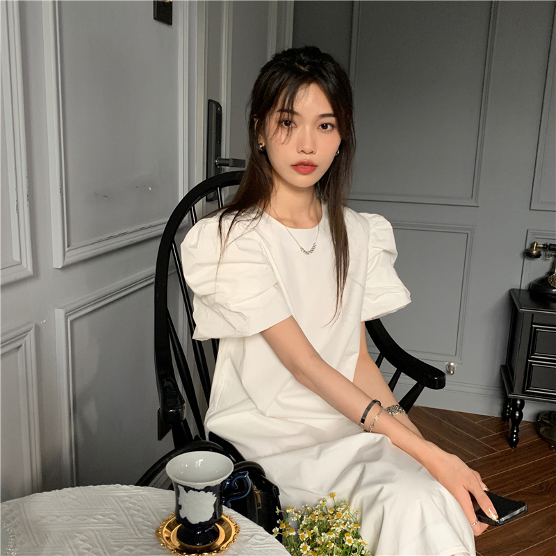 Real price ~ 2021 summer leisure mid long skirt women's loose bubble sleeve split dress