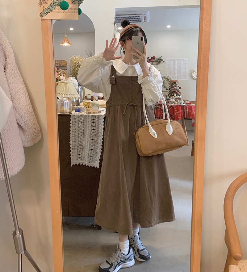 實拍實價 早春活潑少女寬鬆百搭背帶裙+內搭翻領襯衫