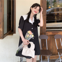 Real price ~ foreign style Navy collar short skirt women's loose casual breasted Short Sleeve Dress