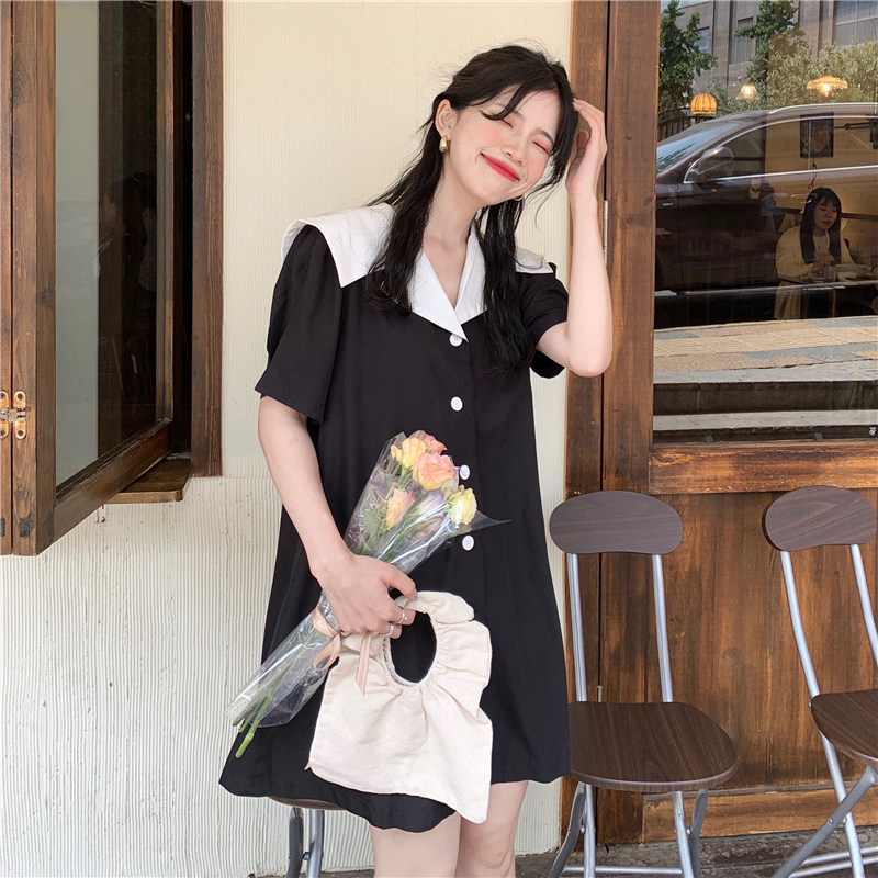 Real price ~ foreign style Navy collar short skirt women's loose casual breasted Short Sleeve Dress