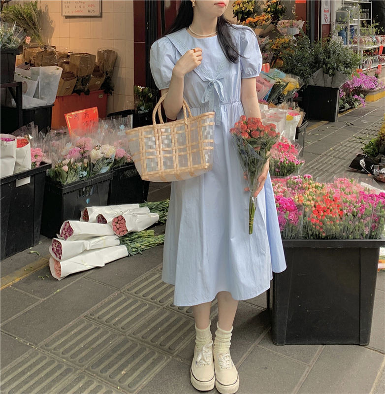 Summer chic Navy collar over knee dress women's gentle wind waist dress