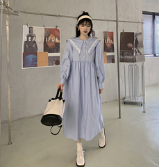 Real price Blue Navy collar long skirt Korean retro gentle spring dress 2021 NEW