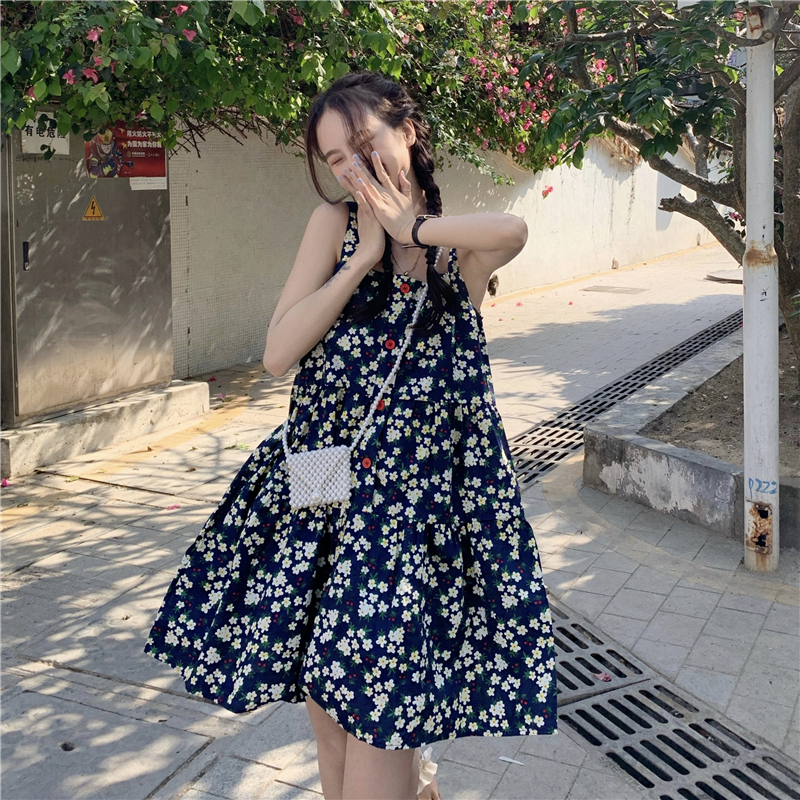 Real price ~ French sweet breasted loose floral skirt waist summer suspender dress