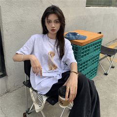 實拍實價~夏款chic趣味可愛小狗印花寬鬆慵懶風休閒T恤女