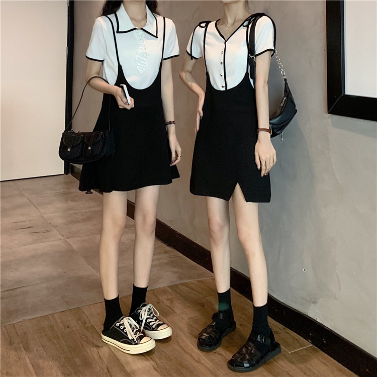 Real price ~ Korean version with slim T-shirt + age reducing split suspender skirt two-piece set