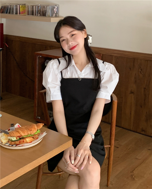 Real price ~ temperament professional suit fashion bubble sleeve shirt + black suspender dress