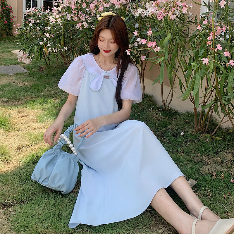 Real price ~ French super fairy bow perspective shirt + solid color loose suspender skirt suit