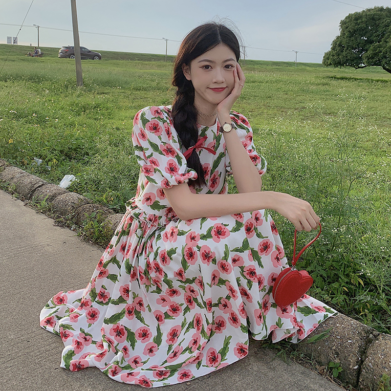 Real price ~ summer new chic sweet flower mid skirt women's Auricularia ear waist dress