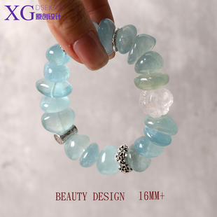 16MM+天然海蓝宝石不规则随形原创设计款手串蓝色系水系白水晶狐
