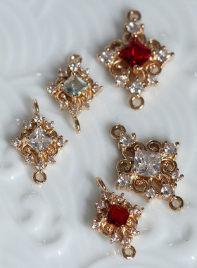 保色黄铜方形双孔锆石微镶小吊坠耳环项链手链发簪小配件发饰材料