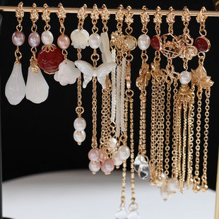 旗袍汉服配件桃木簪子流苏黑檀发簪配套带瓜子扣坠子玛瑙珍珠吊坠