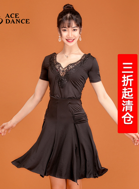 瑰意女成人拉丁舞服蕾丝V领系带露背大摆裙练功裙国标裙夏季WQ132