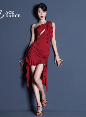 ACEDANCE拉丁舞裙女单肩吊带立体簪花海浪设计款专业艺考裙WQ303
