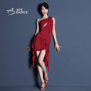 专业艺考裙WQ303 ACEDANCE拉丁舞裙女单肩吊带立体簪花海浪设计款