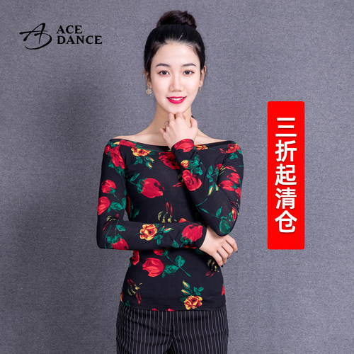 瑰意拉丁舞印花一字领长袖