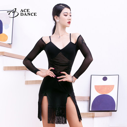 ACE吊带锁骨双色拼流苏拉丁舞裙