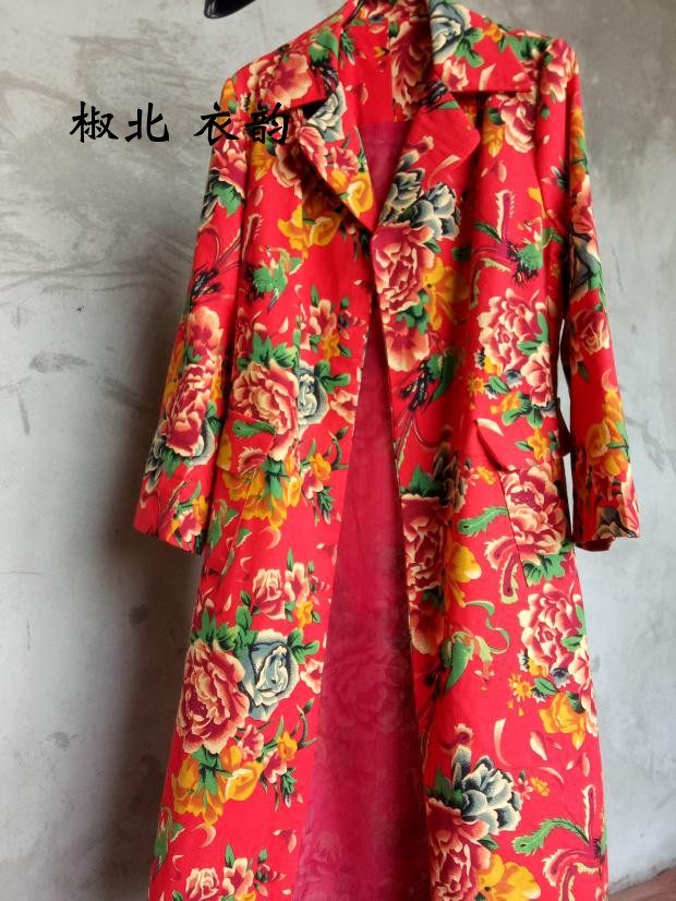椒北衣韵女秋装制衣东北大花棉麻复古长袖翻领收身大风衣外套披风