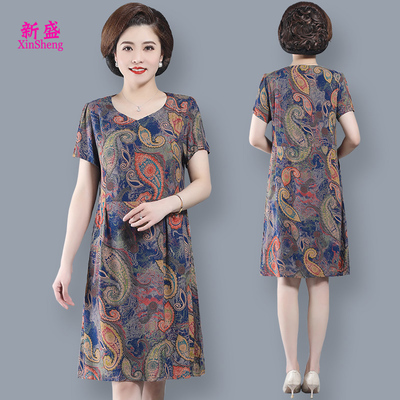 夏季连衣裙印花圆领民族风妈妈装