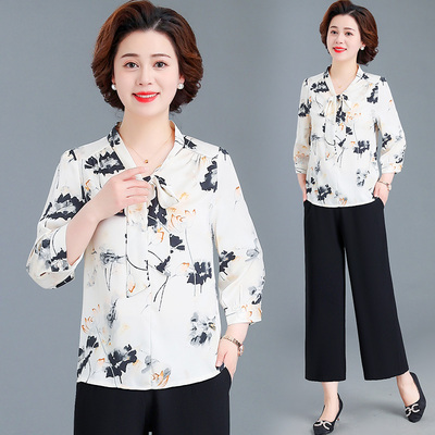 中年妈妈夏季两件套雪纺衬衫洋气