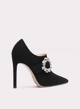 lily2024年新款黑色羊猄深口尖头细跟水钻时尚百搭气质名媛裸靴