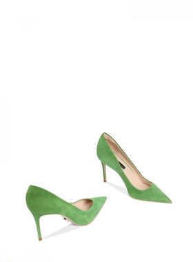 【手工女鞋】磨砂羊皮单鞋女2023年新款个性绿色尖头高跟鞋女细跟