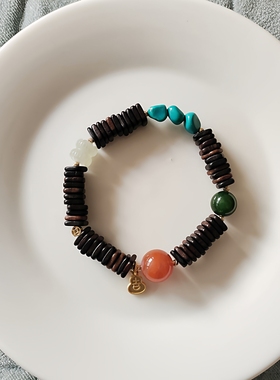 天然达拉干沉香随型药片珠手串和田碧玉南红绿松石手链高级感轻奢