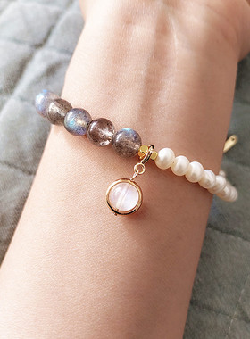 天然灰月光石拉长石手链女款珍珠手串蓝月光石滴流配饰原创气质