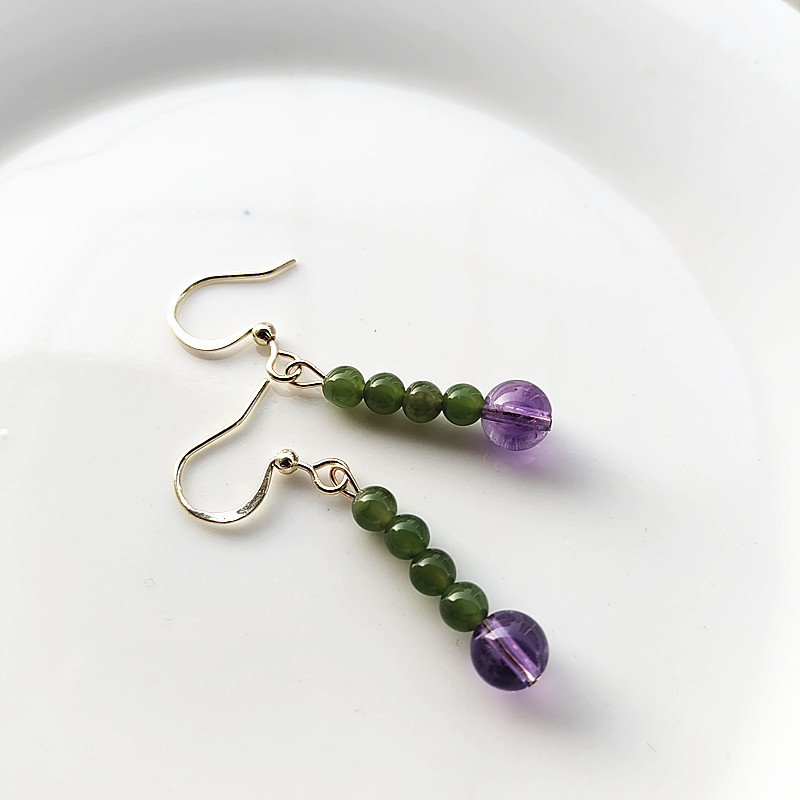 天然紫水晶紫晶耳环和田碧玉女款耳坠耳饰简约百搭耳饰耳坠配饰