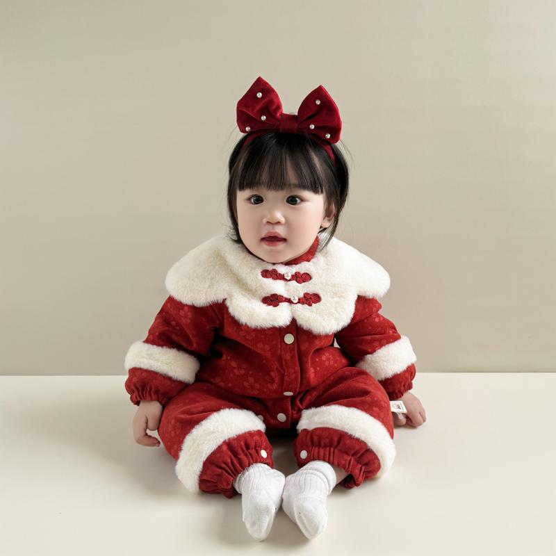 婴儿衣服冬季夹棉加绒连体衣拜年服女宝宝百天周岁宴哈衣过年礼服