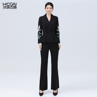 中国风刺绣花飞鹤套装时尚商务气质女士上下两件套显瘦高端套装