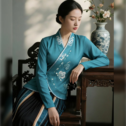 新中式刺绣长袖气质上衣T恤女