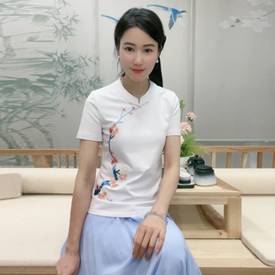 国风复古桃花精致刺绣花棉质修身 简约百搭通勤打底女上衣 中式 夏季