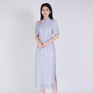 夏季中式优雅旗袍减龄清新显瘦气质淑女短袖立领绣花蕾丝女连衣裙