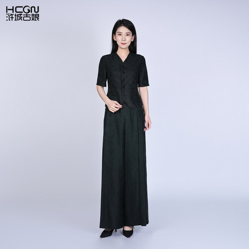 浒城古娘新款桑蚕丝气质优雅通勤短袖新中式国风香云纱套装女款夏